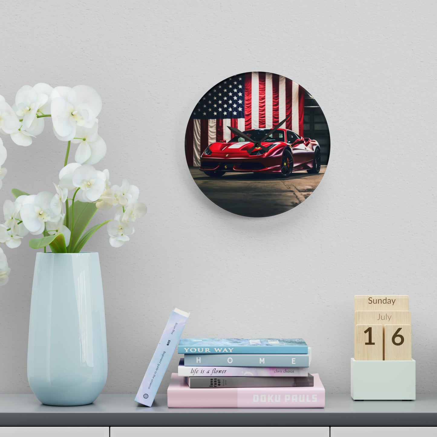 Acrylic Wall Clock American Flag Background Ferrari 3