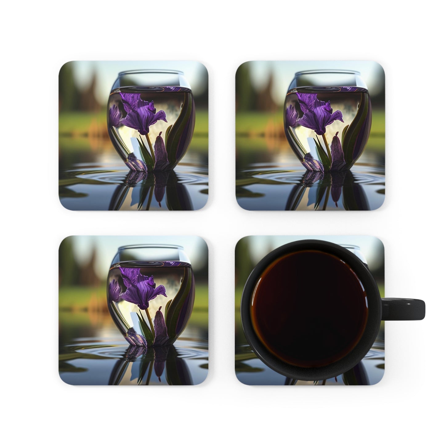 Corkwood Coaster Set Purple Iris in a vase 3