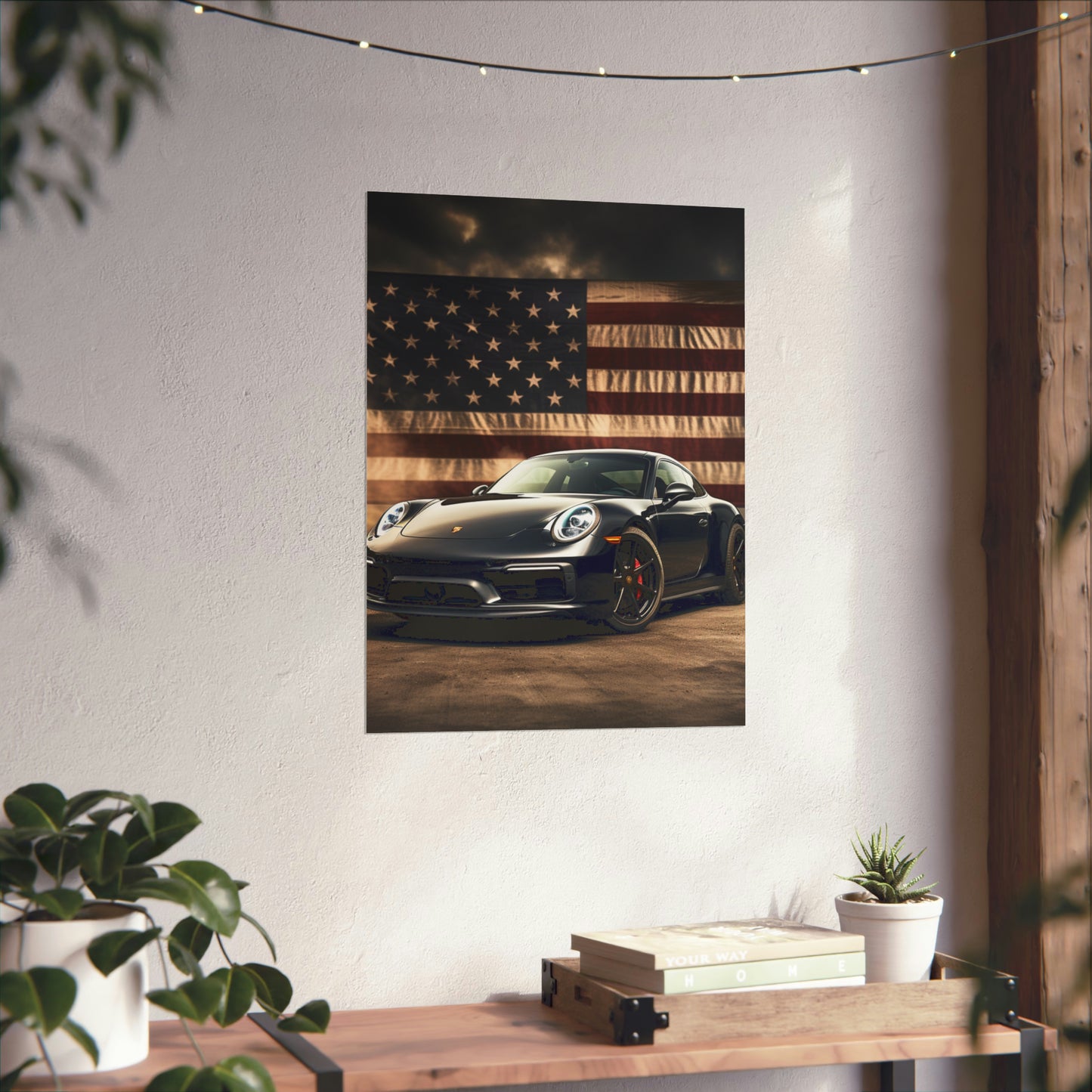 Premium Matte Vertical Posters American Flag Background Porsche 4