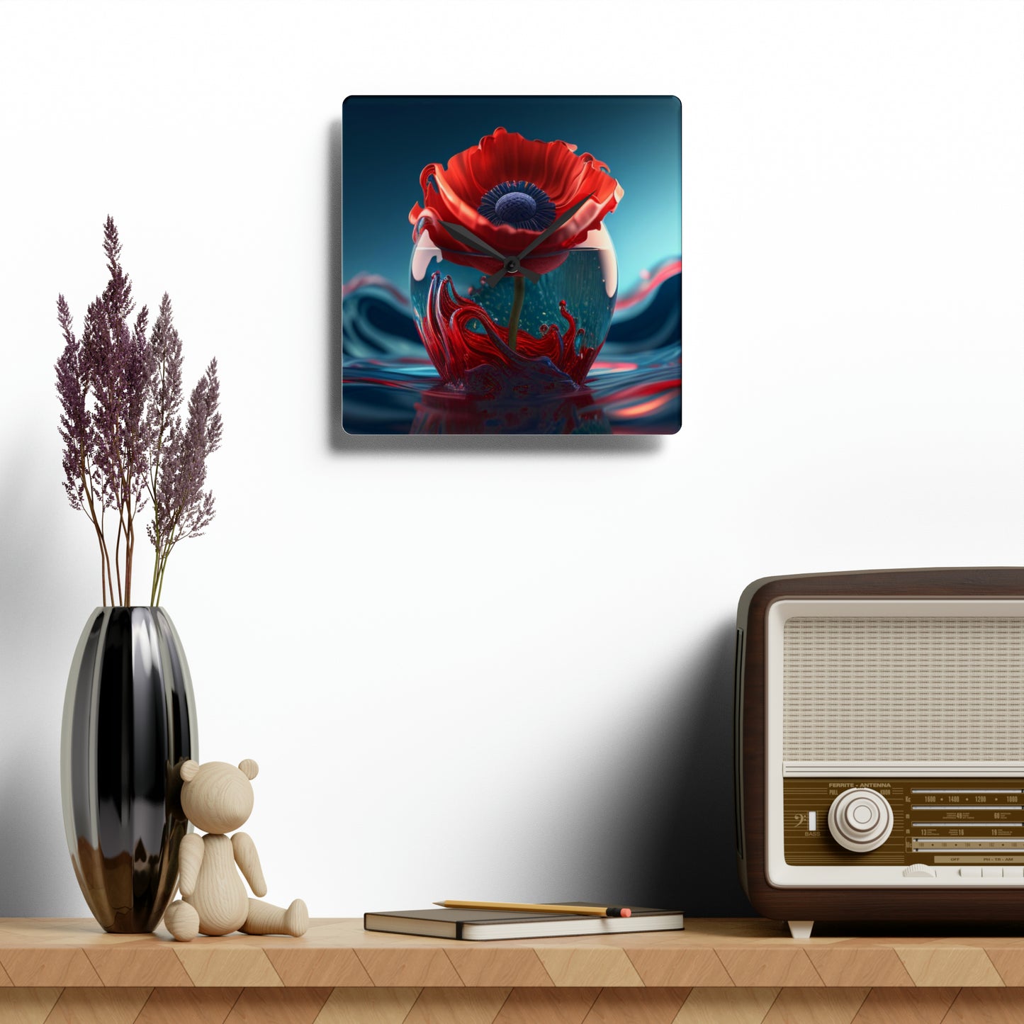 Acrylic Wall Clock Red Anemone in a Vase 2