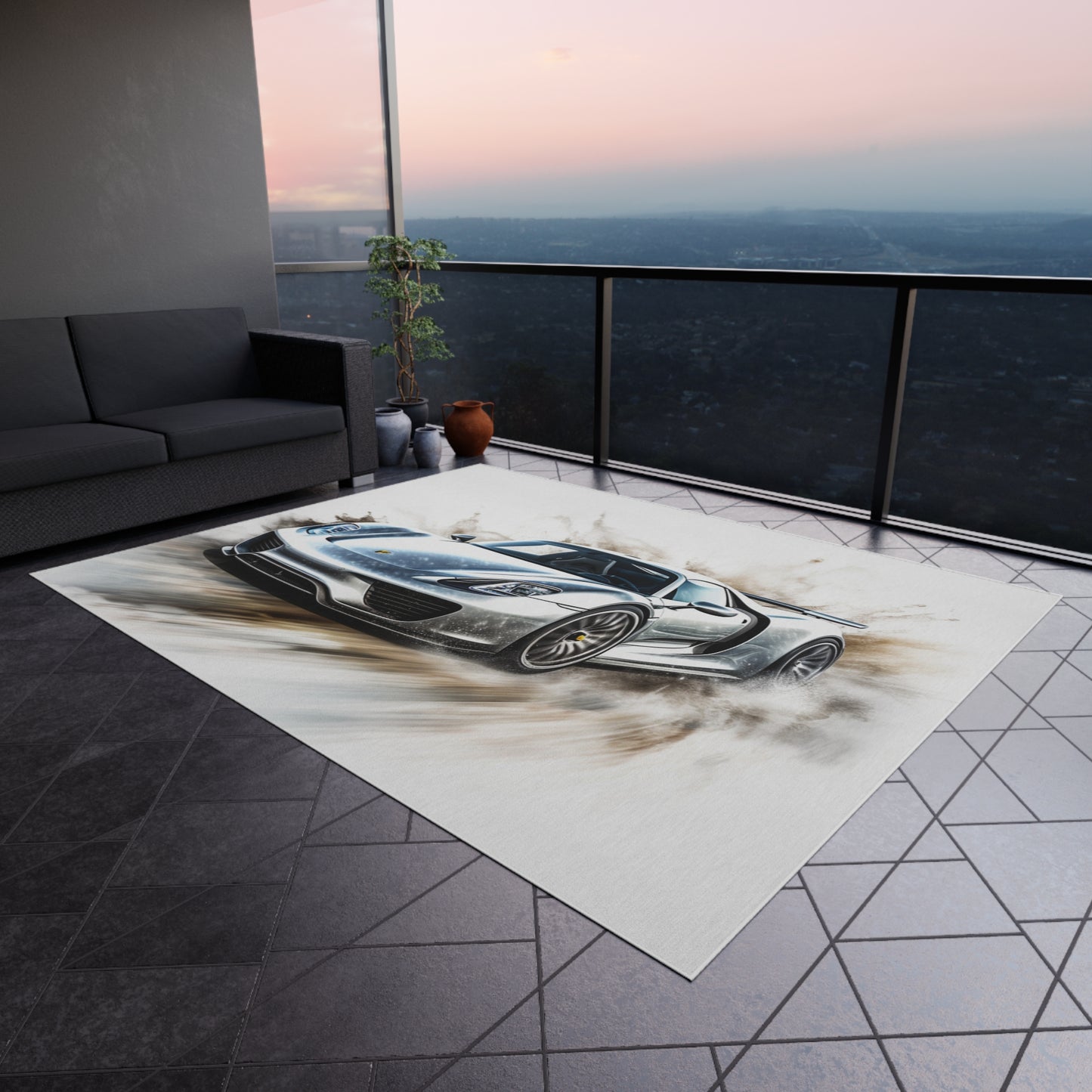 Outdoor Rug  918 Spyder white background driving fast with water splashing 2