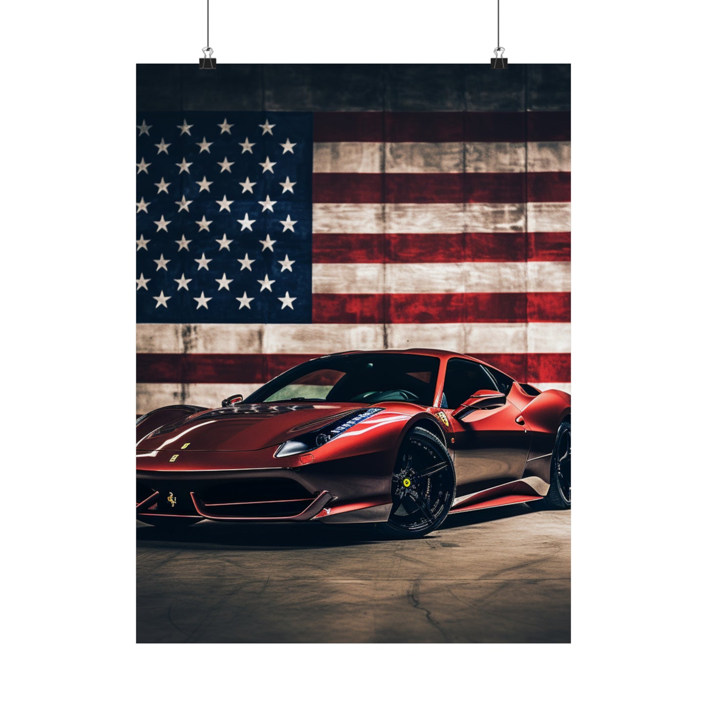 Premium Matte Vertical Posters American Flag Background Ferrari 4