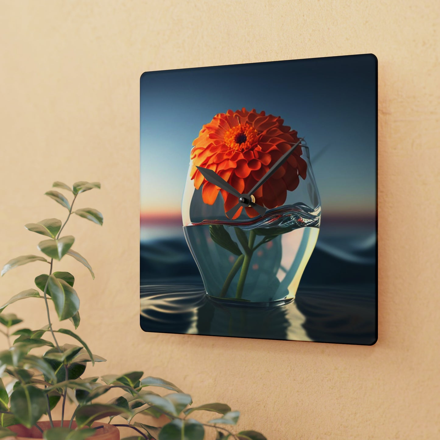 Acrylic Wall Clock Orange Zinnia 4