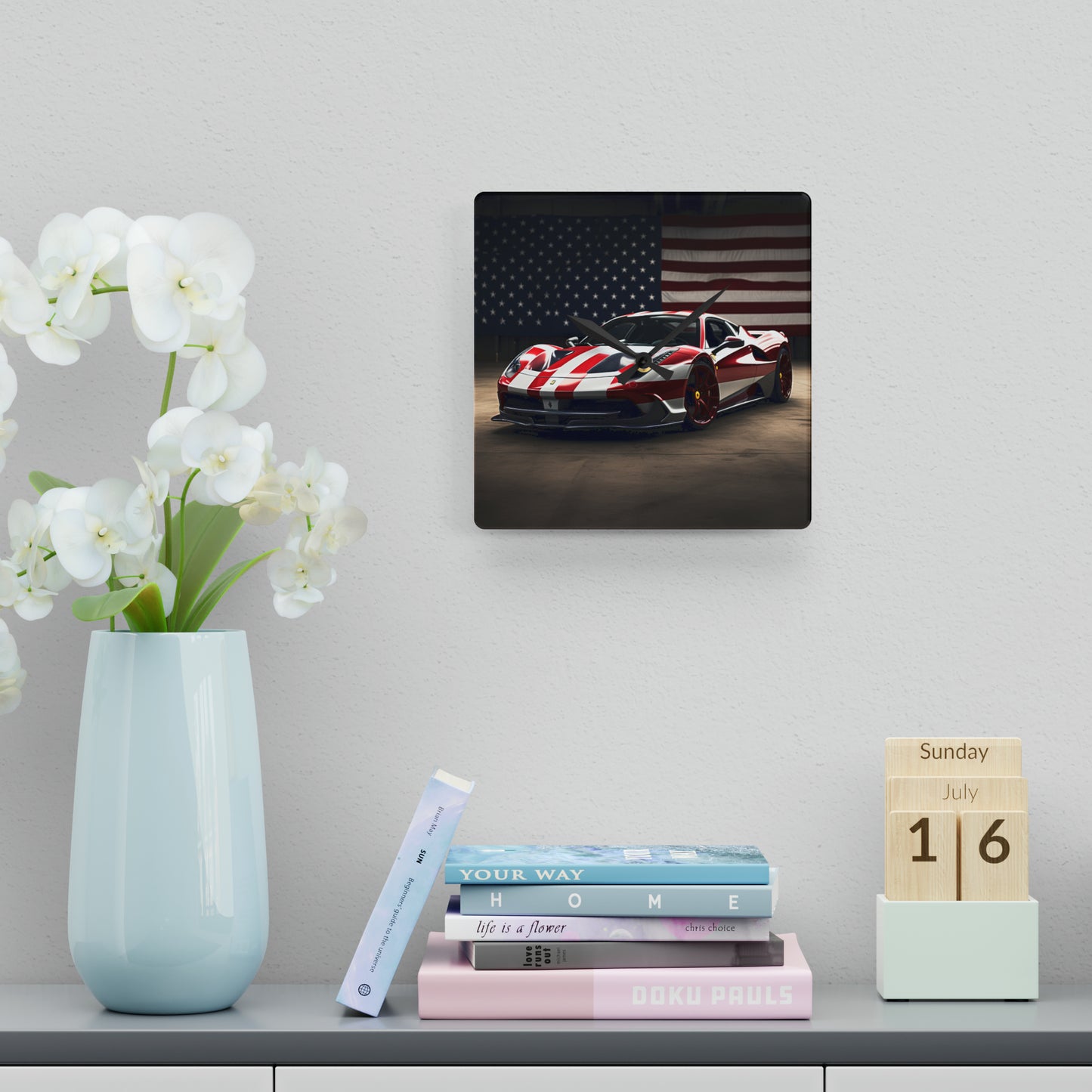 Acrylic Wall Clock American Flag Background Ferrari 2