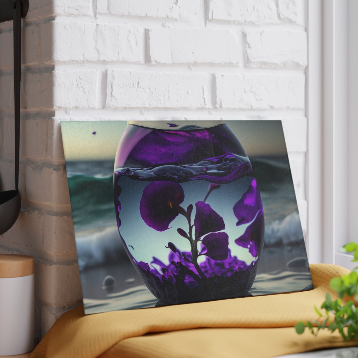 Glass Cutting Board Purple Sweet pea in a vase 4