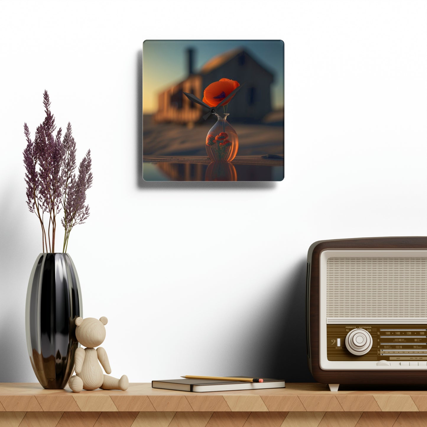 Acrylic Wall Clock Orange Poppy in a Vase 3