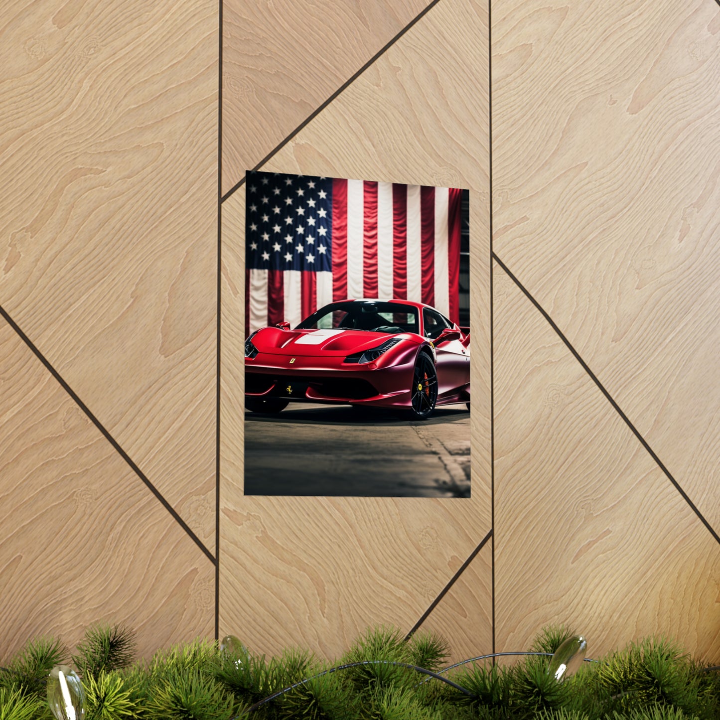 Premium Matte Vertical Posters American Flag Background Ferrari 3