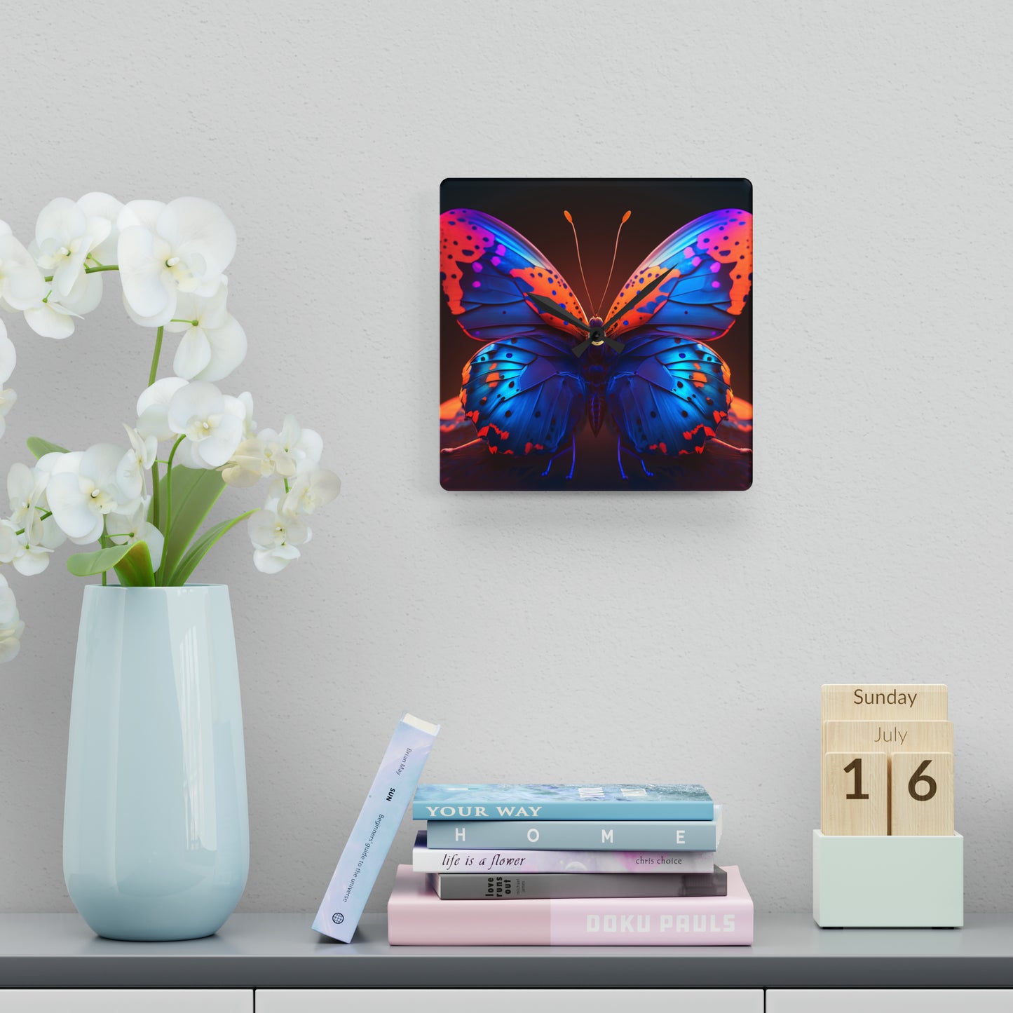 Acrylic Wall Clock Neon Butterfly Macro 3