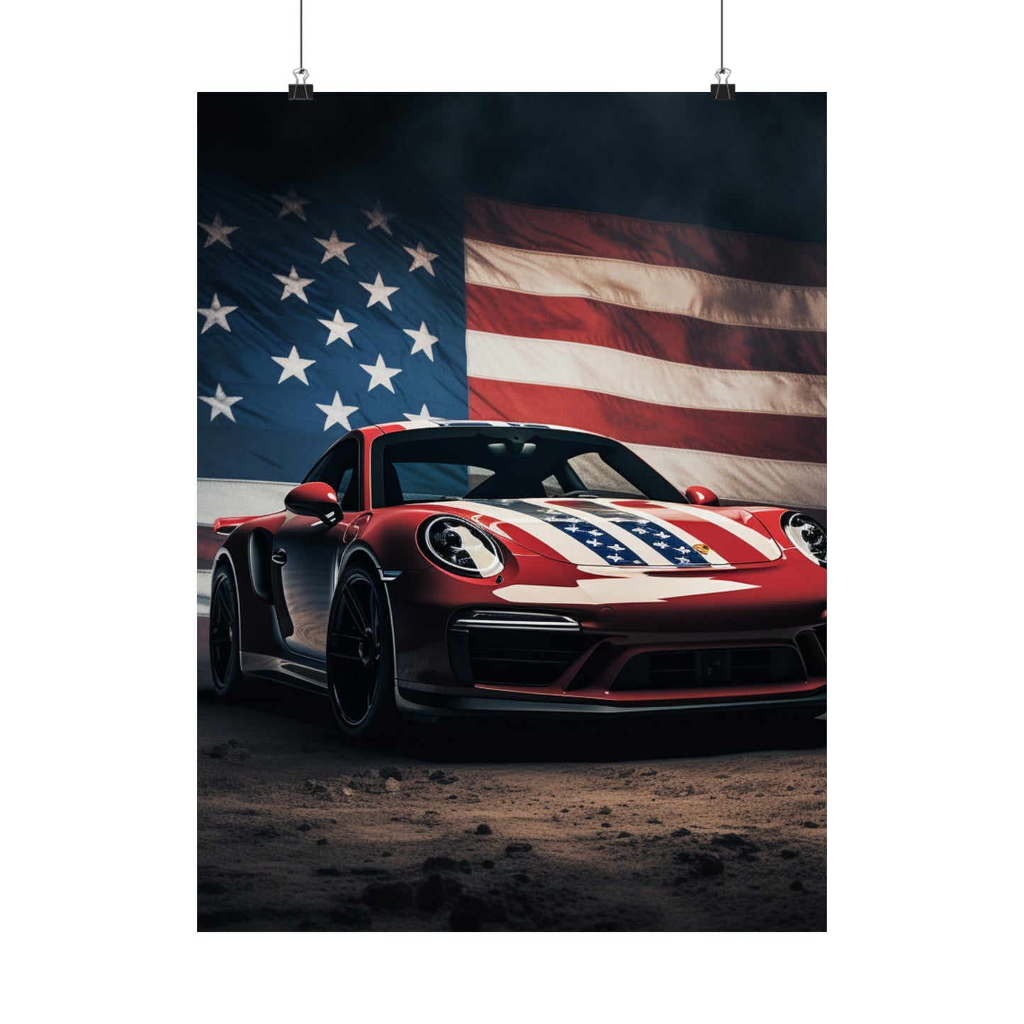 Premium Matte Vertical Posters American Flag Background Porsche 3