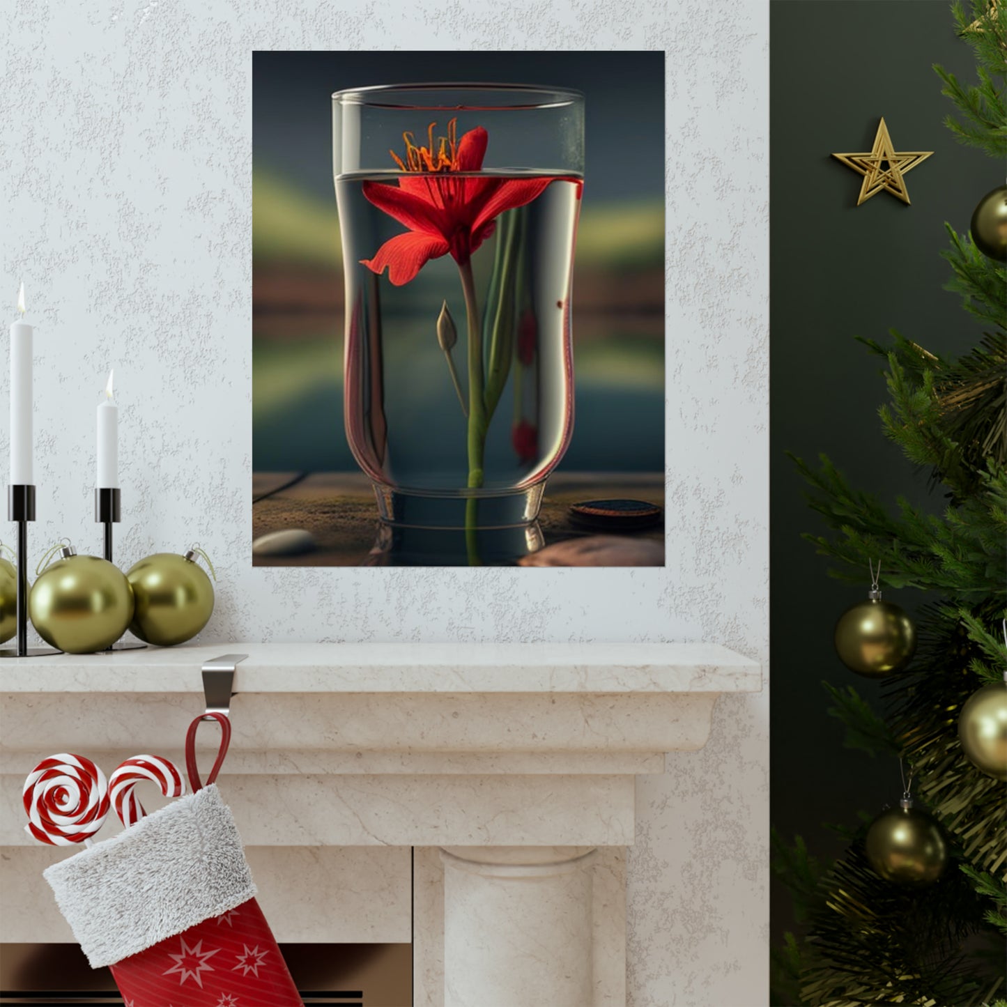 Premium Matte Vertical Posters Red Lily in a Glass vase 1