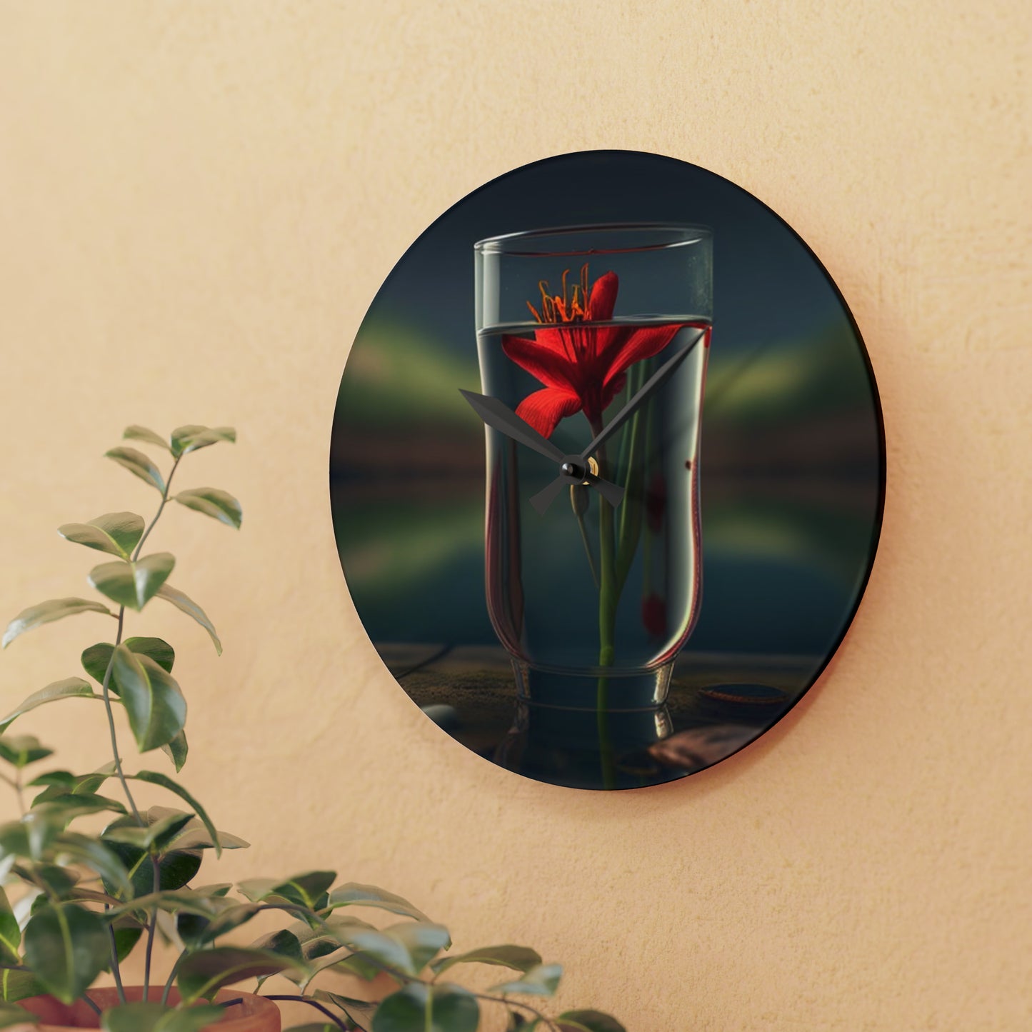 Acrylic Wall Clock Red Lily in a Glass vase 1