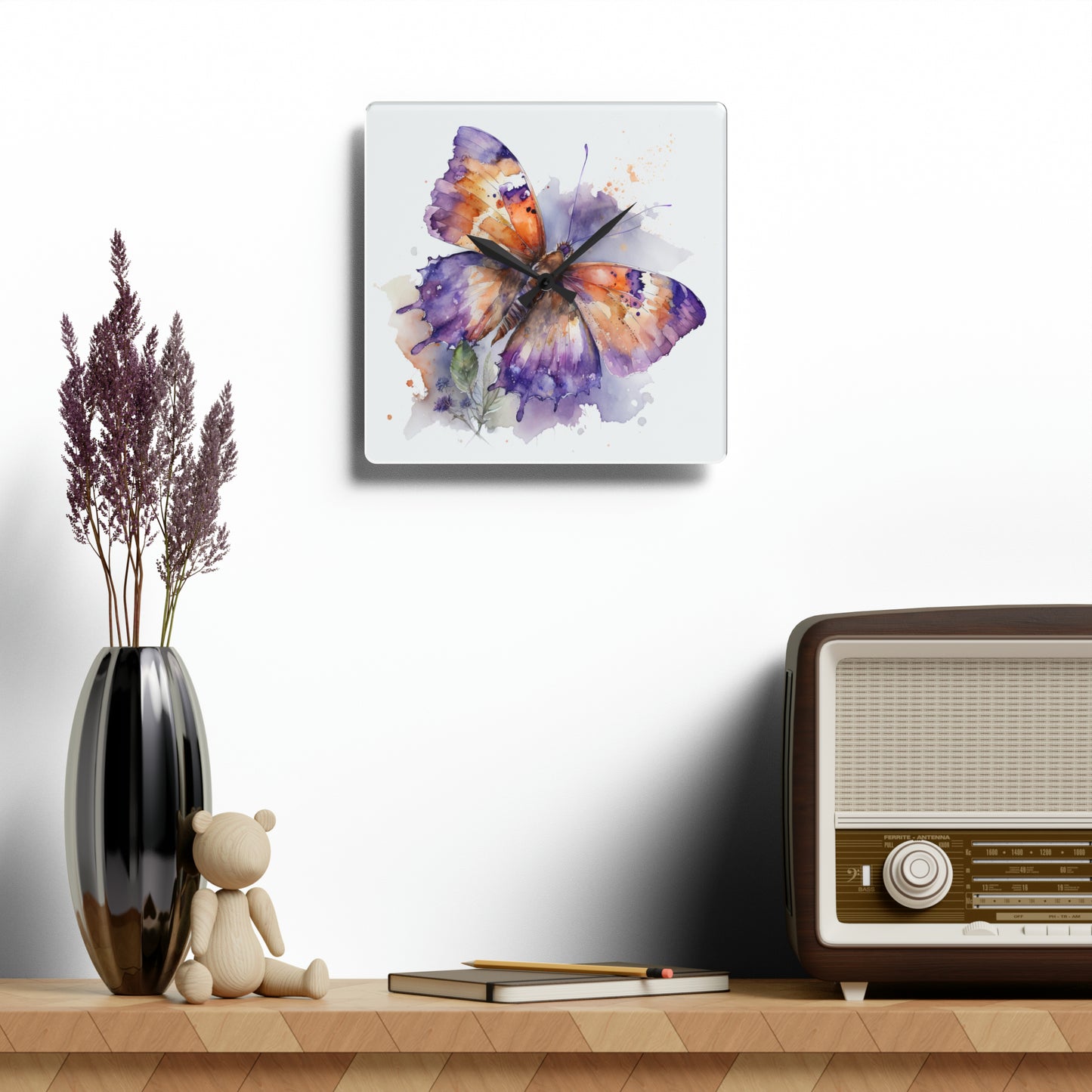 Acrylic Wall Clock MerlinRose Watercolor Butterfly 1