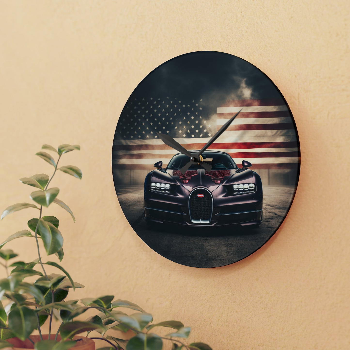 Acrylic Wall Clock American Flag Background Bugatti 2