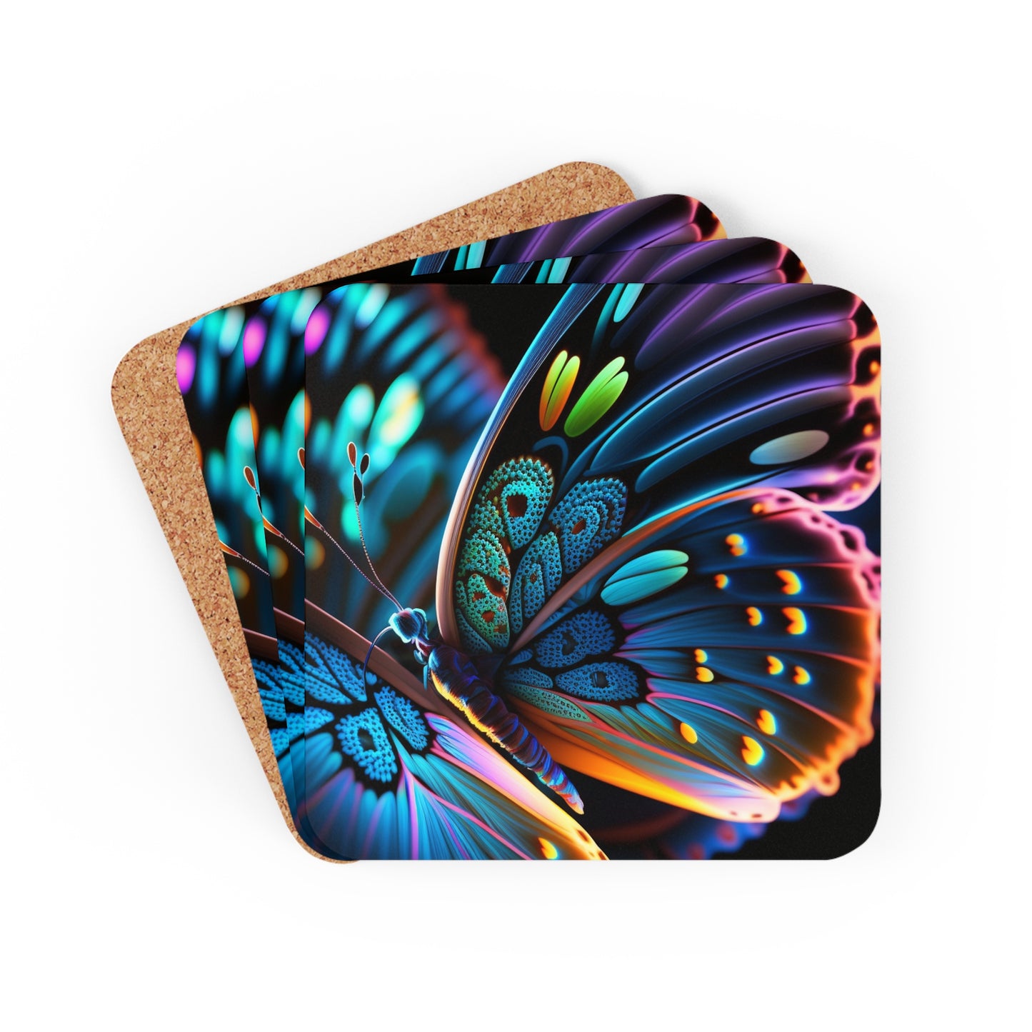 Corkwood Coaster Set Neon Butterfly Macro 2