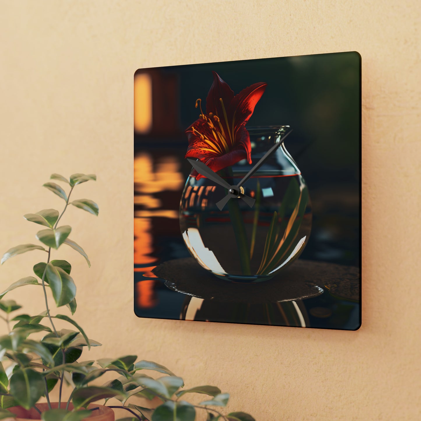 Acrylic Wall Clock Red Lily in a Glass vase 2