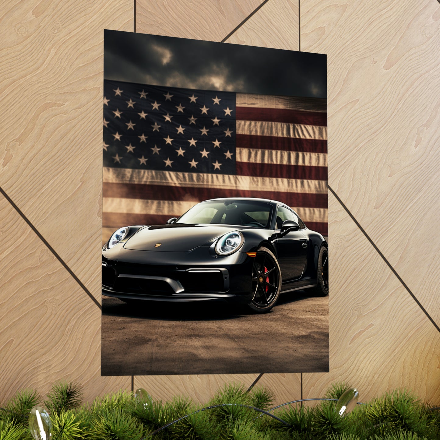 Premium Matte Vertical Posters American Flag Background Porsche 4