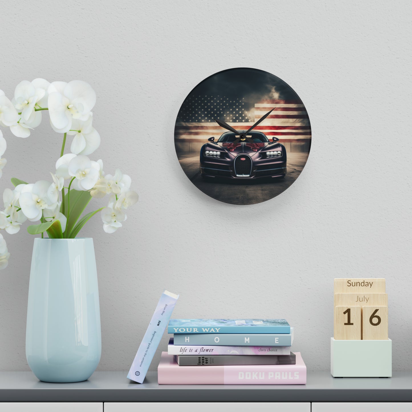 Acrylic Wall Clock American Flag Background Bugatti 2