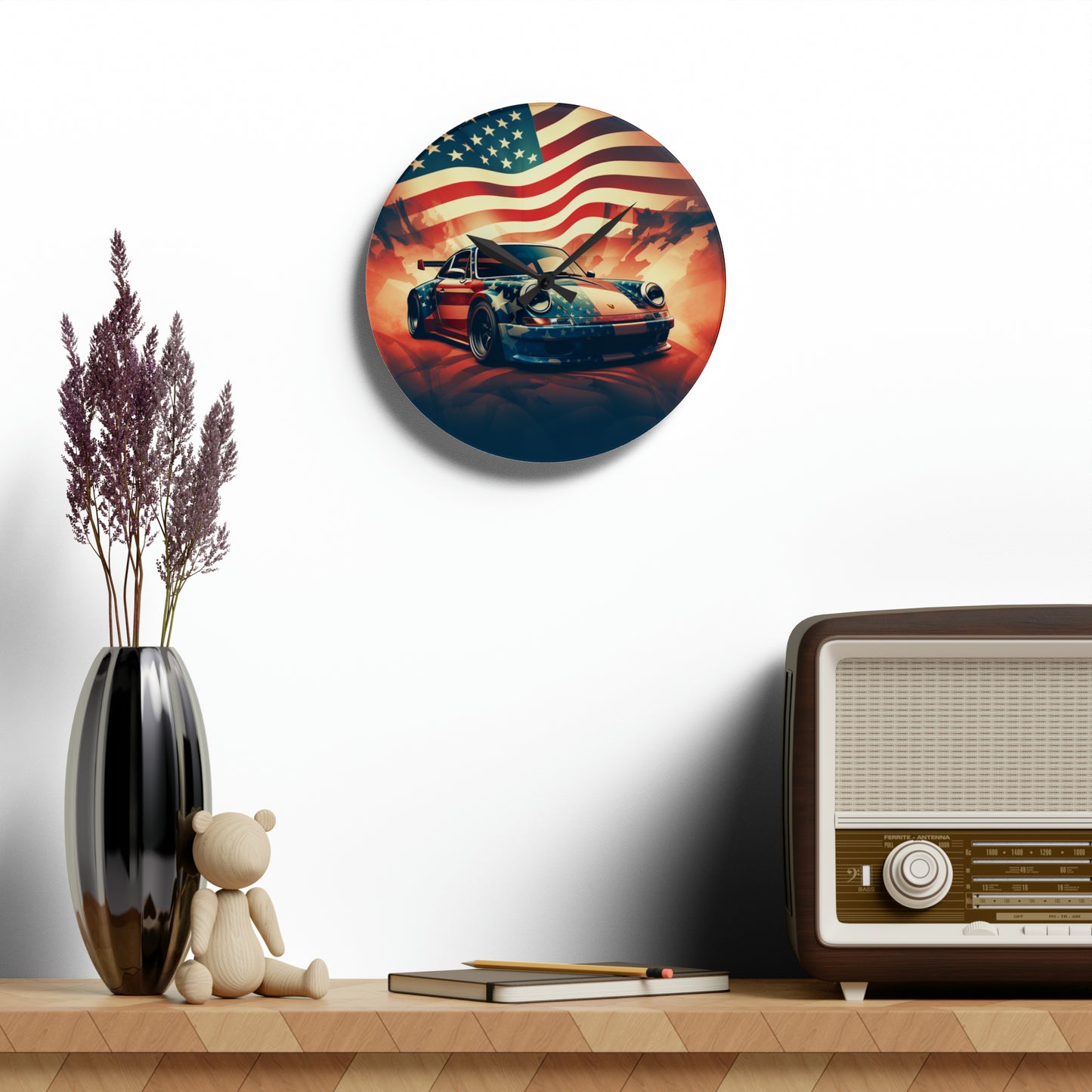 Acrylic Wall Clock Abstract American Flag Background Porsche 4