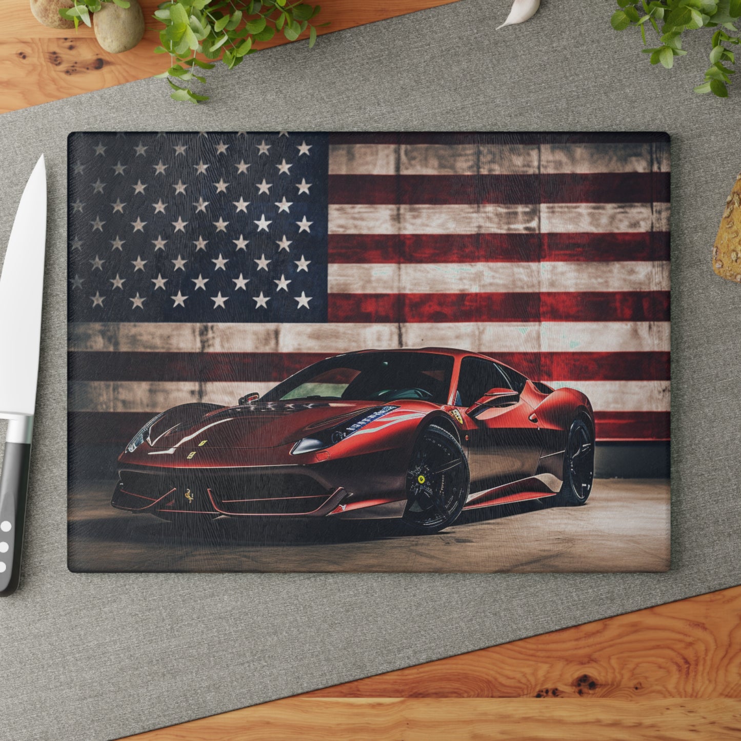 Glass Cutting Board American Flag Background Ferrari 4