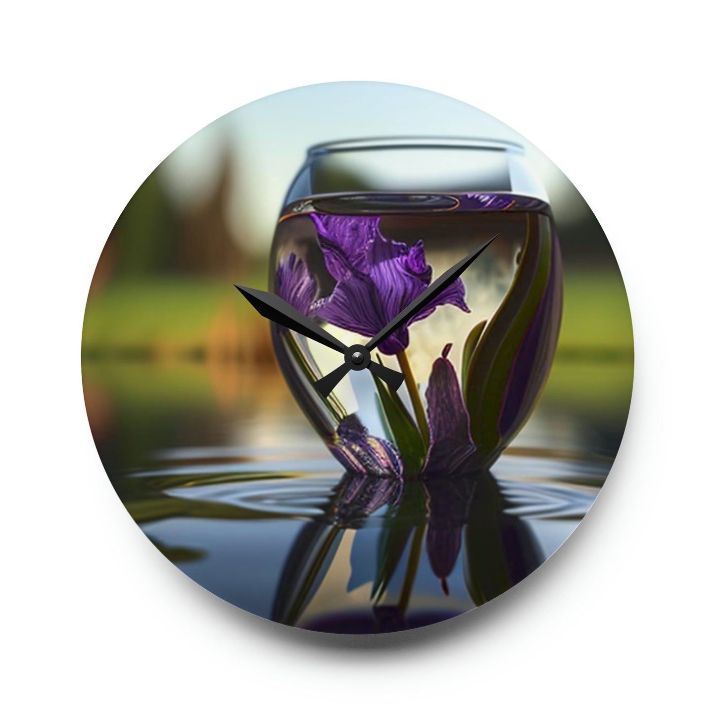 Acrylic Wall Clock Purple Iris in a vase 3