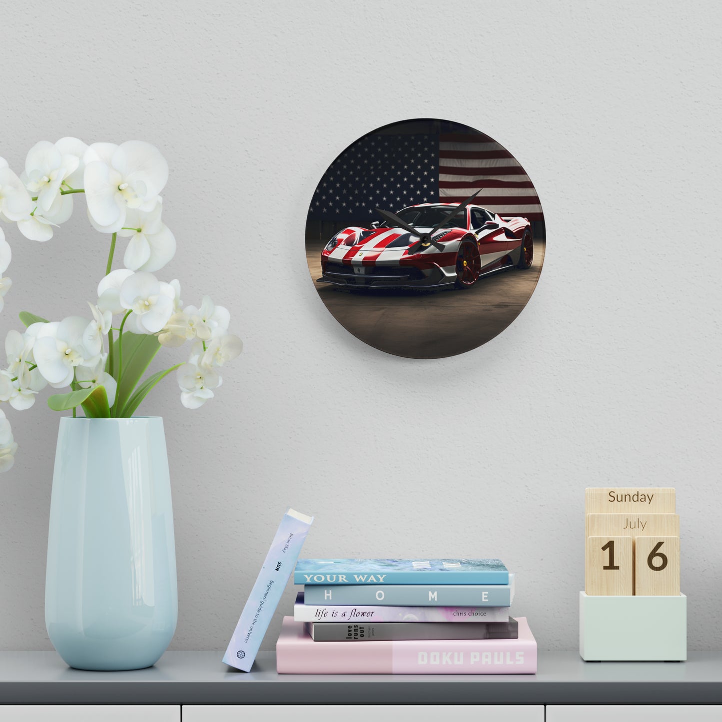 Acrylic Wall Clock American Flag Background Ferrari 2