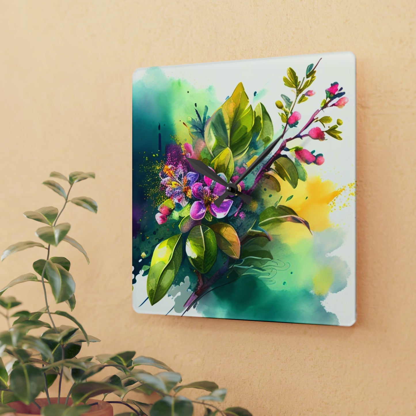 Acrylic Wall Clock Mother Nature Bright Spring Colors Realistic Watercolor 1