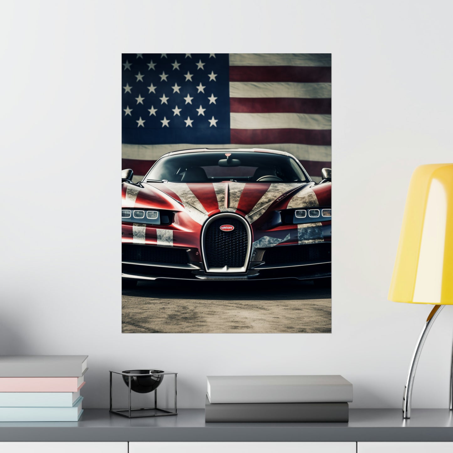 Premium Matte Vertical Posters American Flag Background Bugatti 3