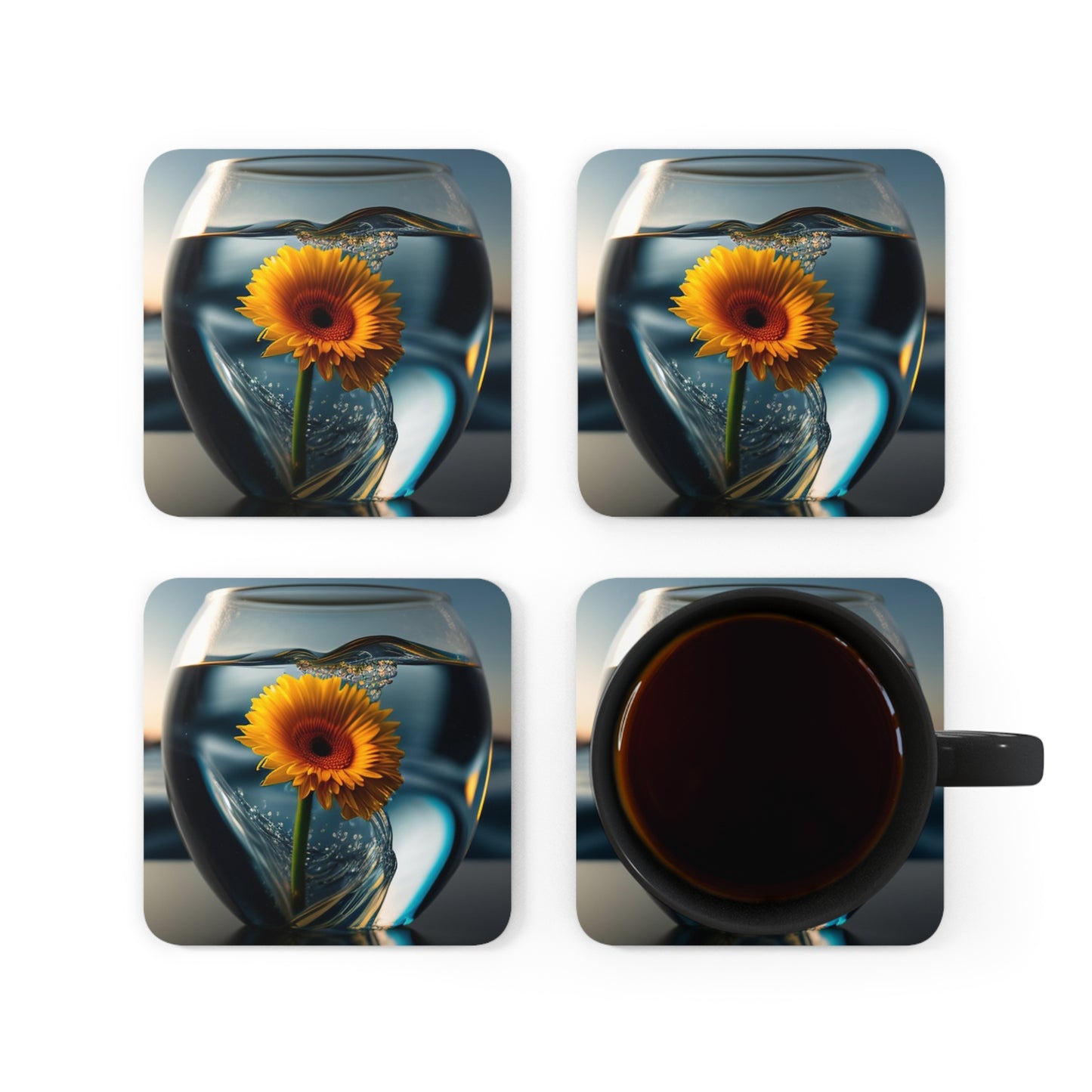 Corkwood Coaster Set yello Gerbera glass 3