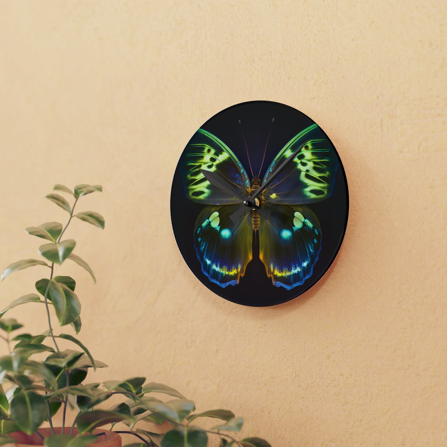 Acrylic Wall Clock Neon Hue Butterfly 1