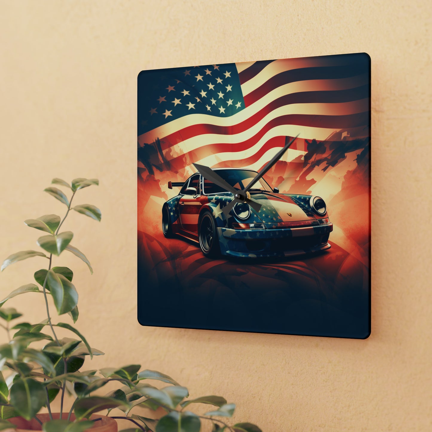 Acrylic Wall Clock Abstract American Flag Background Porsche 4