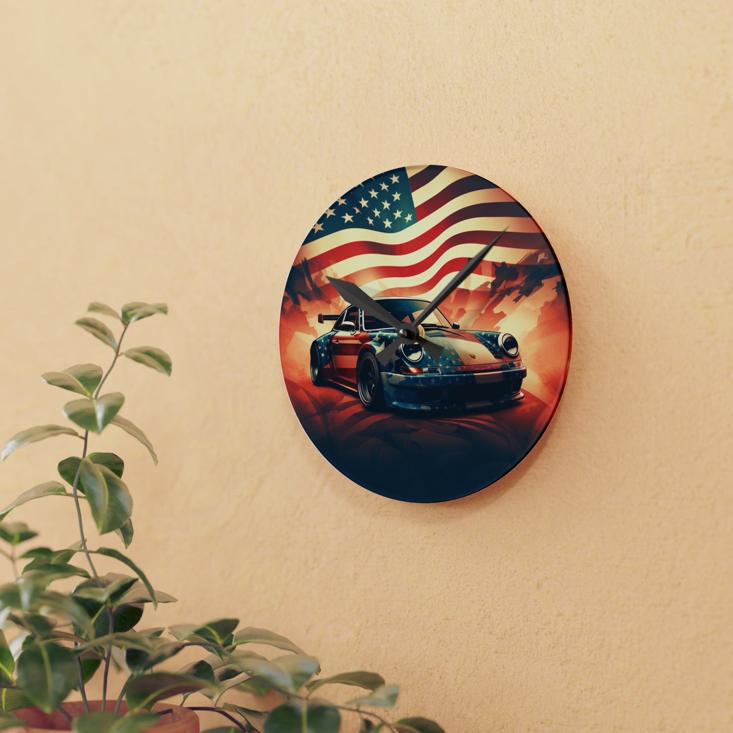 Acrylic Wall Clock Abstract American Flag Background Porsche 4