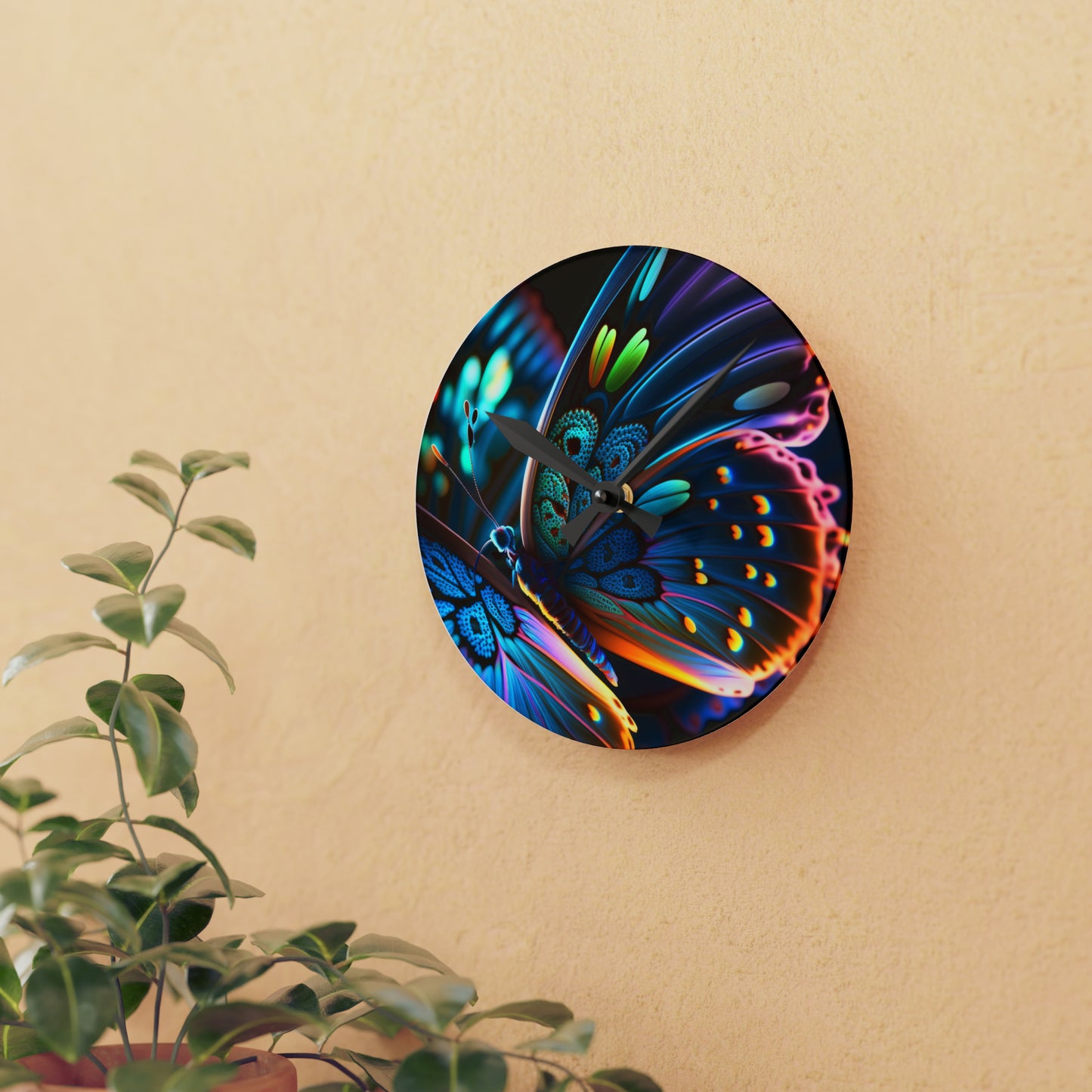 Acrylic Wall Clock Neon Butterfly Macro 2