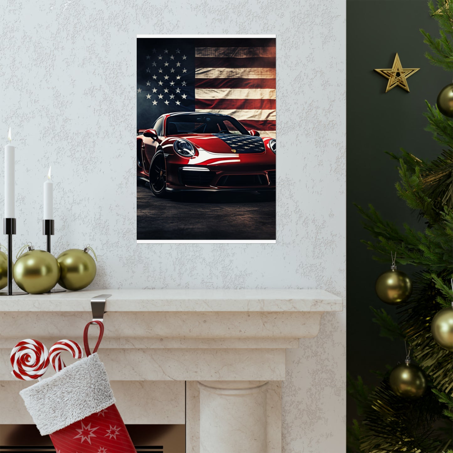 Premium Matte Vertical Posters American Flag Background Porsche 2