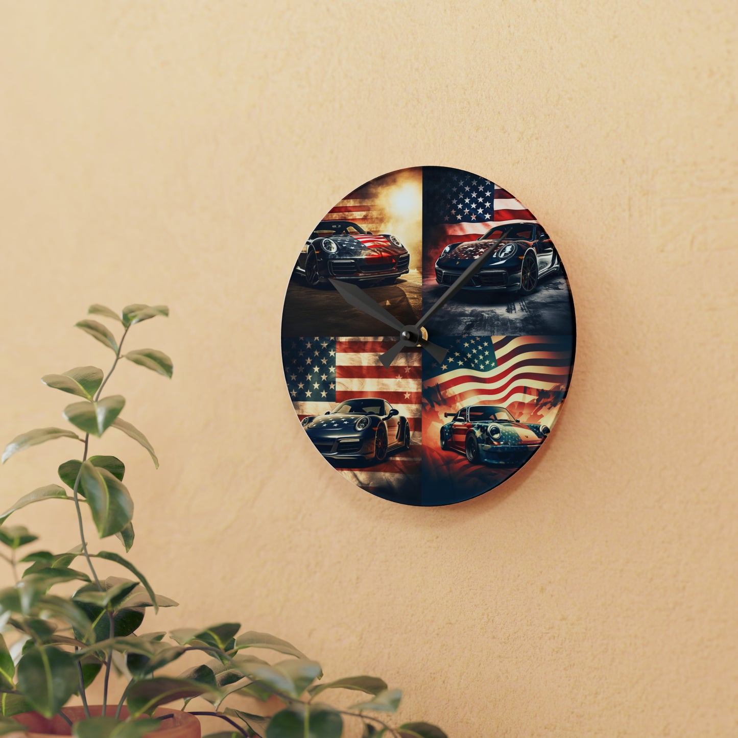 Acrylic Wall Clock Abstract American Flag Background Porsche 5