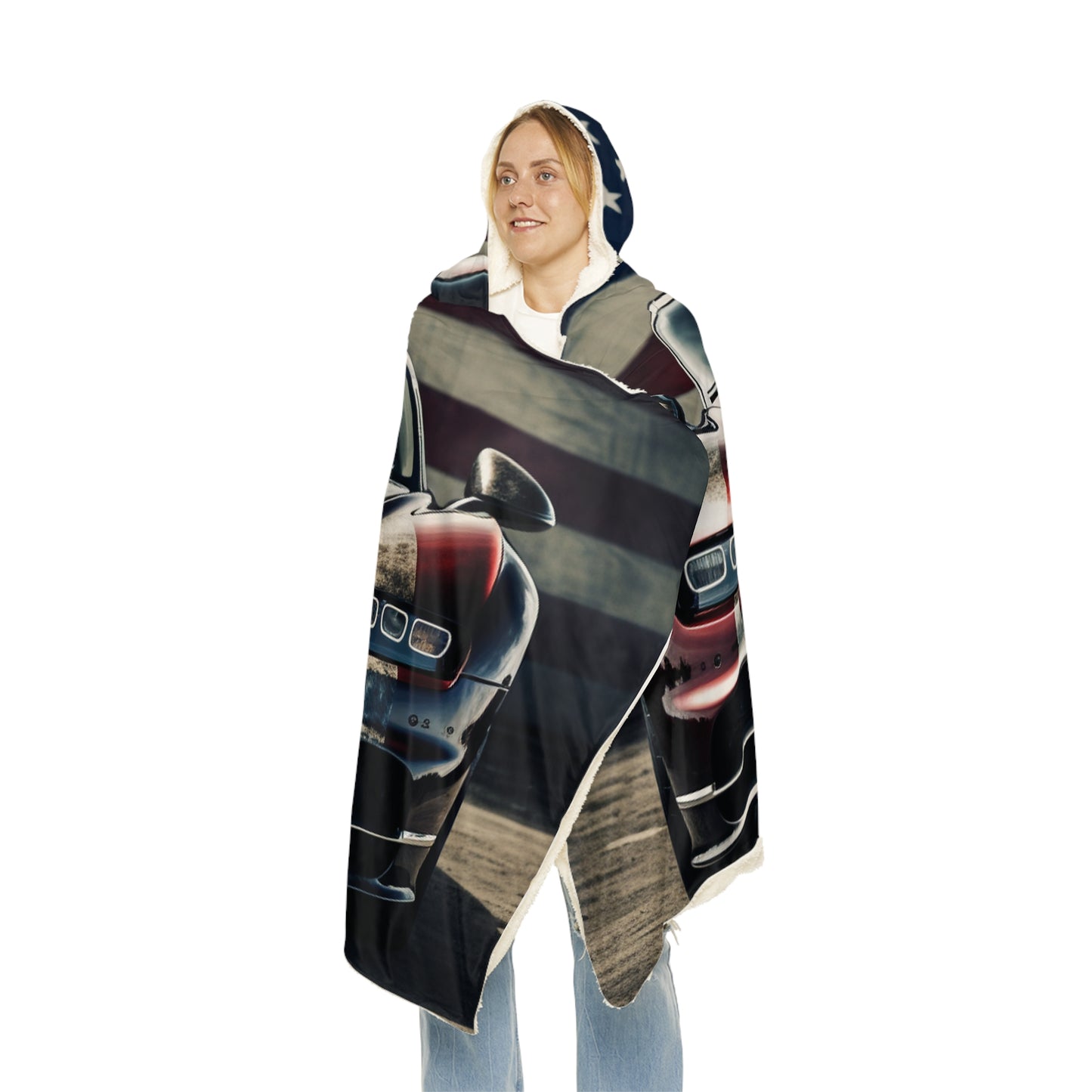 Snuggle Hooded Blanket American Flag Background Bugatti 3