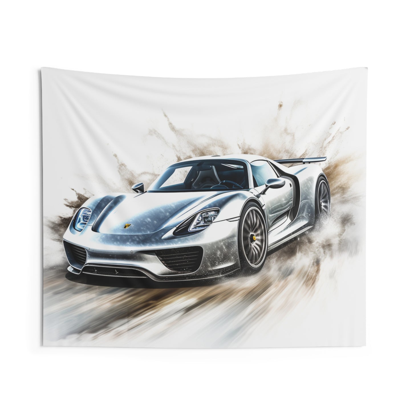 Indoor Wall Tapestries 918 Spyder white background driving fast with water splashing 2