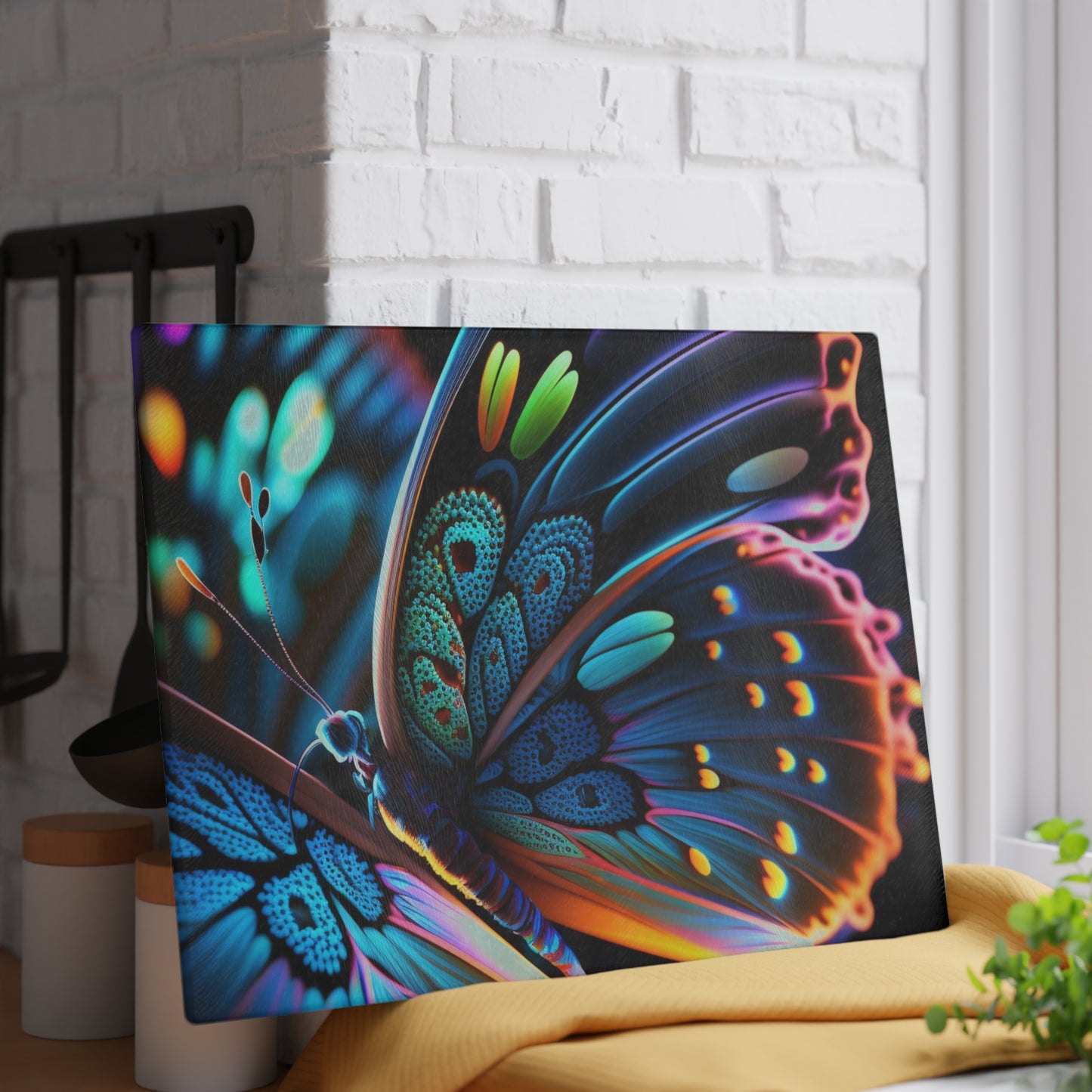 Glass Cutting Board Neon Butterfly Macro 2