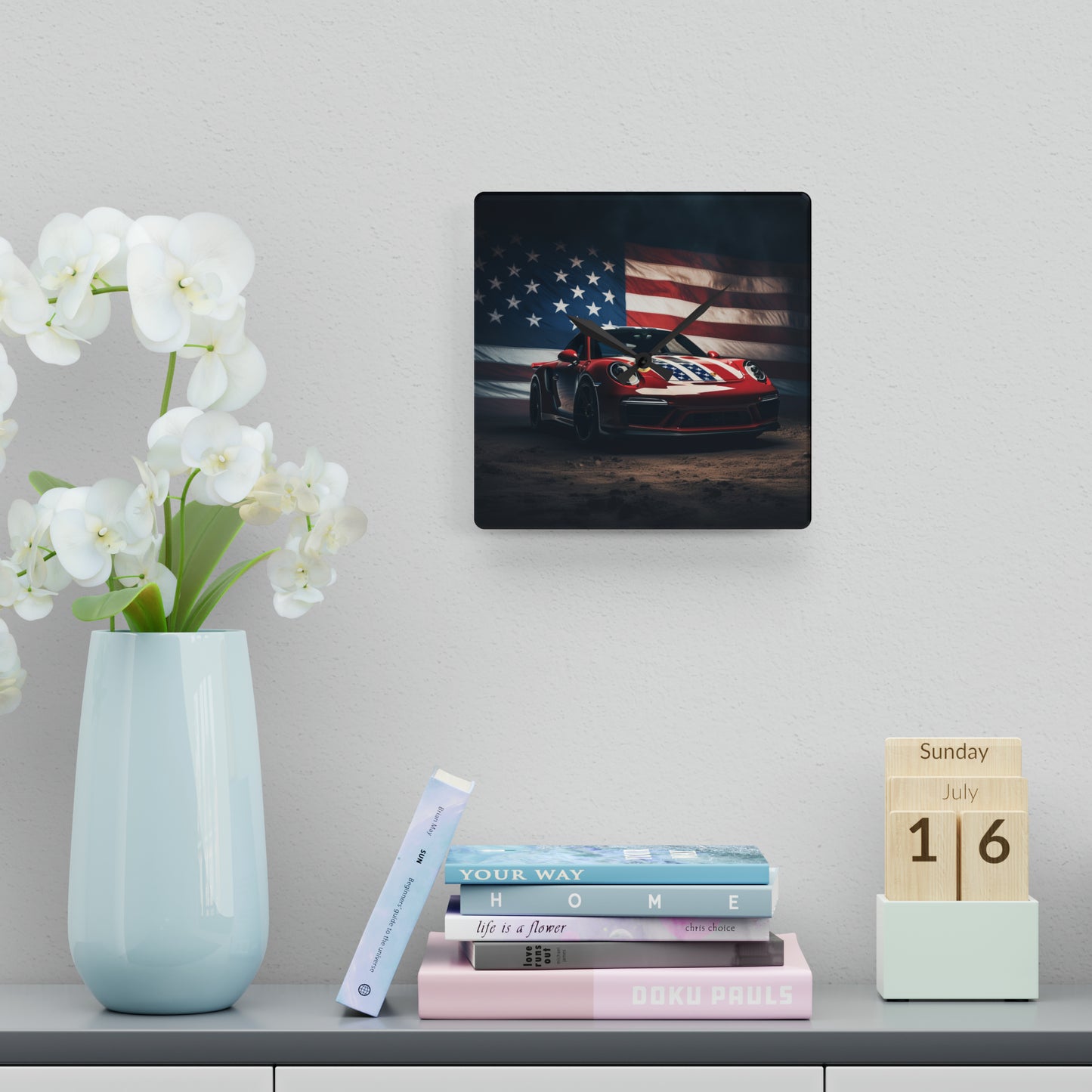 Acrylic Wall Clock American Flag Background Porsche 3