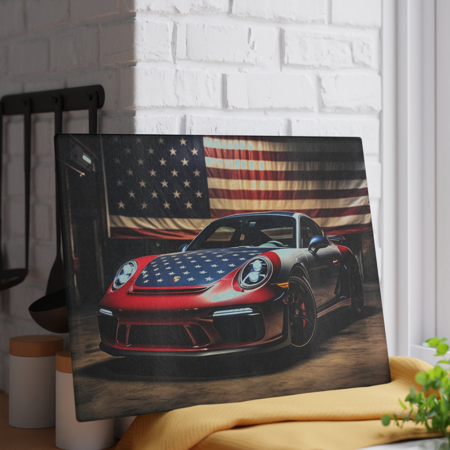 Glass Cutting Board American Flag Background Porsche 1