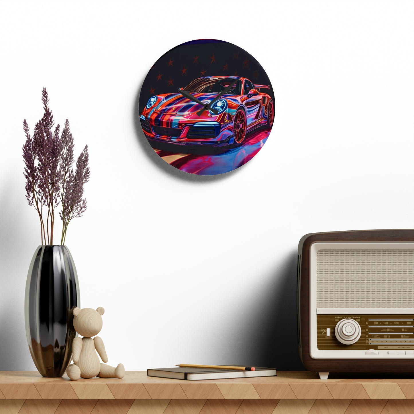 Acrylic Wall Clock American Flag Colored Porsche 3