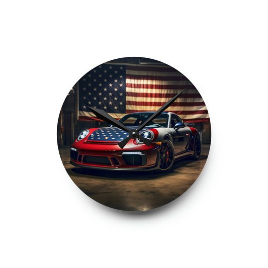 Acrylic Wall Clock American Flag Background Porsche 1