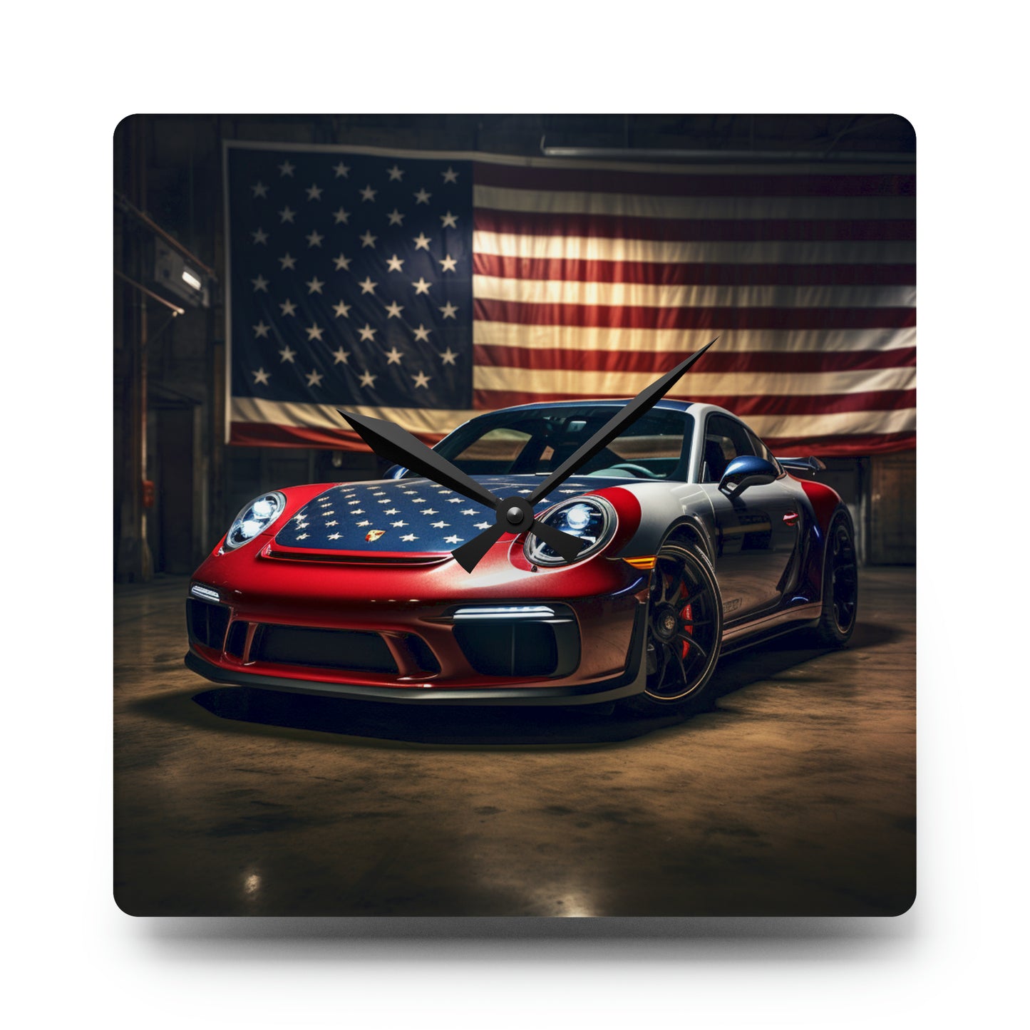 Acrylic Wall Clock American Flag Background Porsche 1