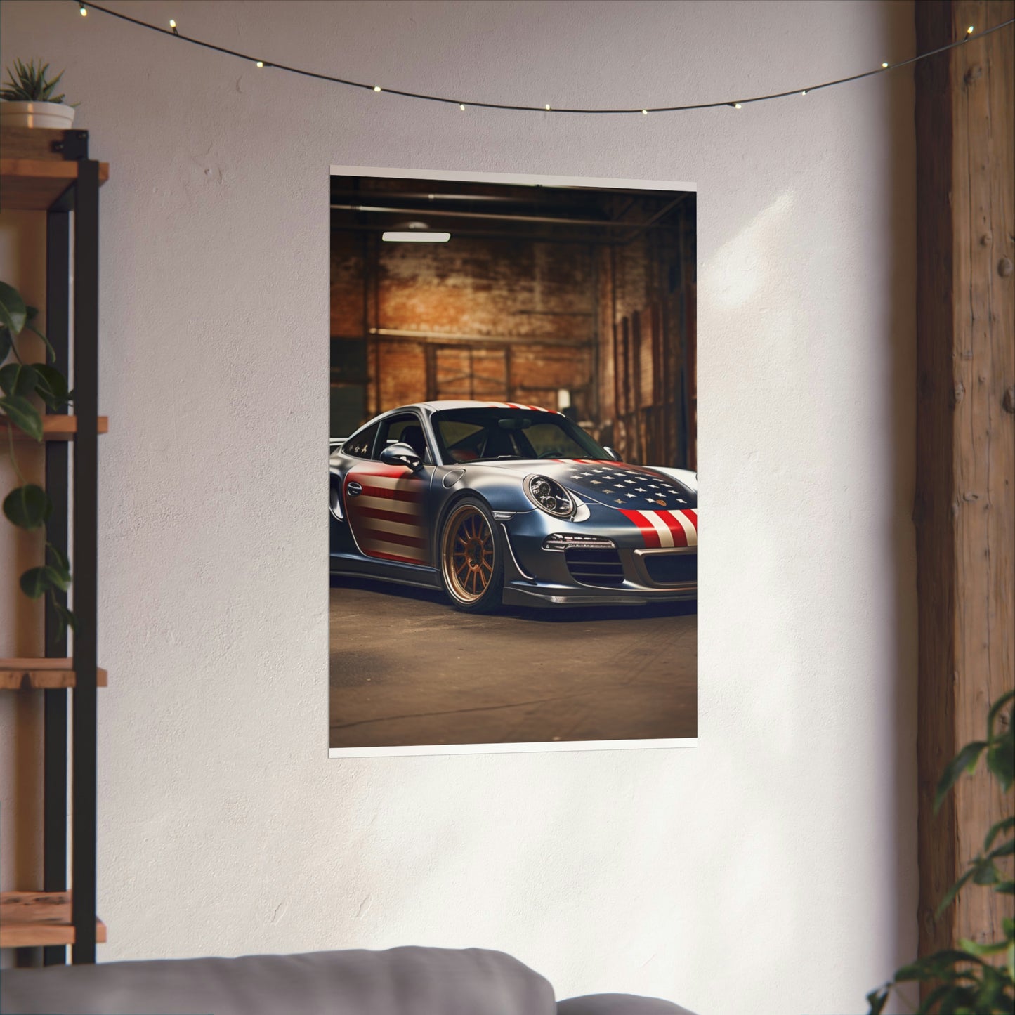 Premium Matte Vertical Posters American Flag Porsche 1