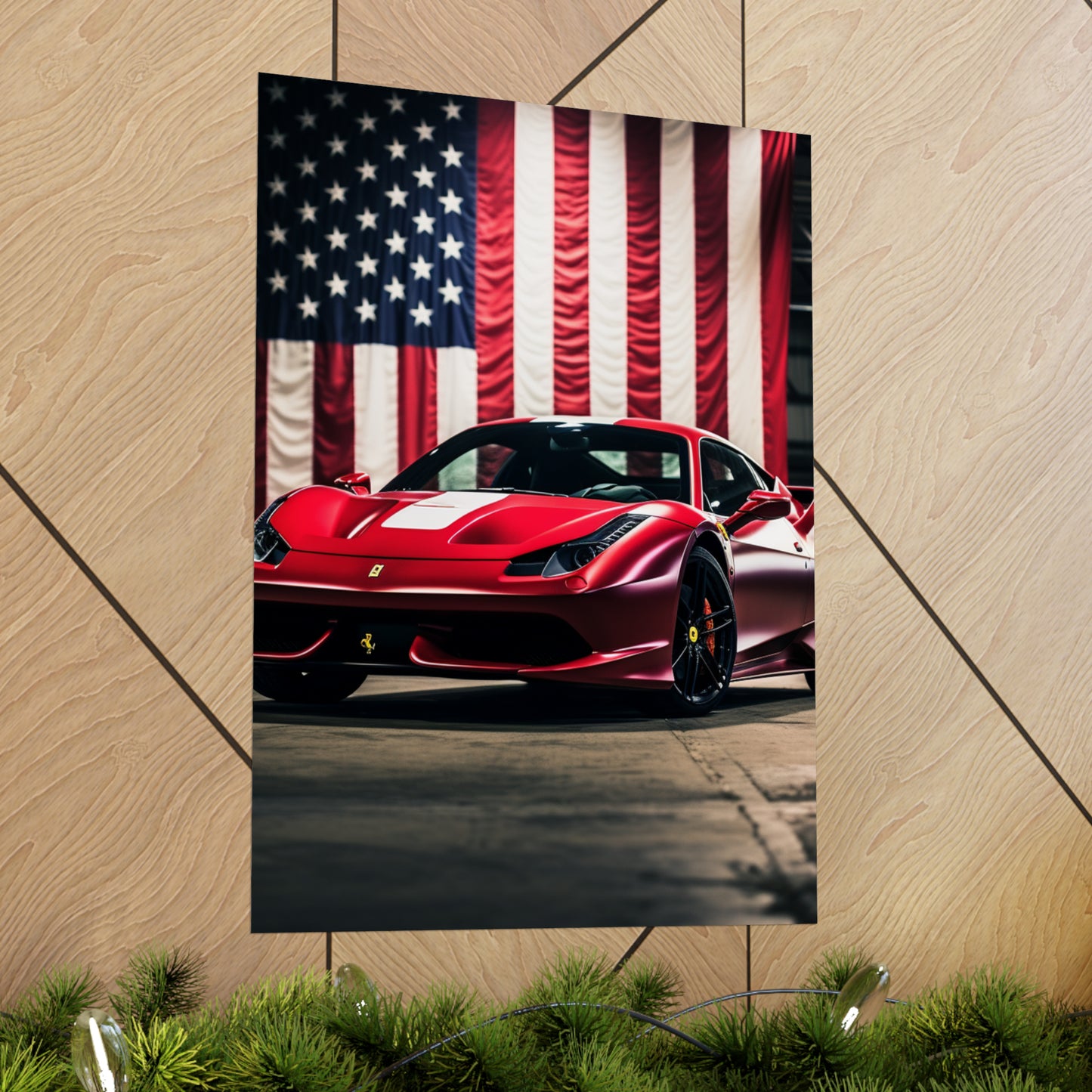 Premium Matte Vertical Posters American Flag Background Ferrari 3