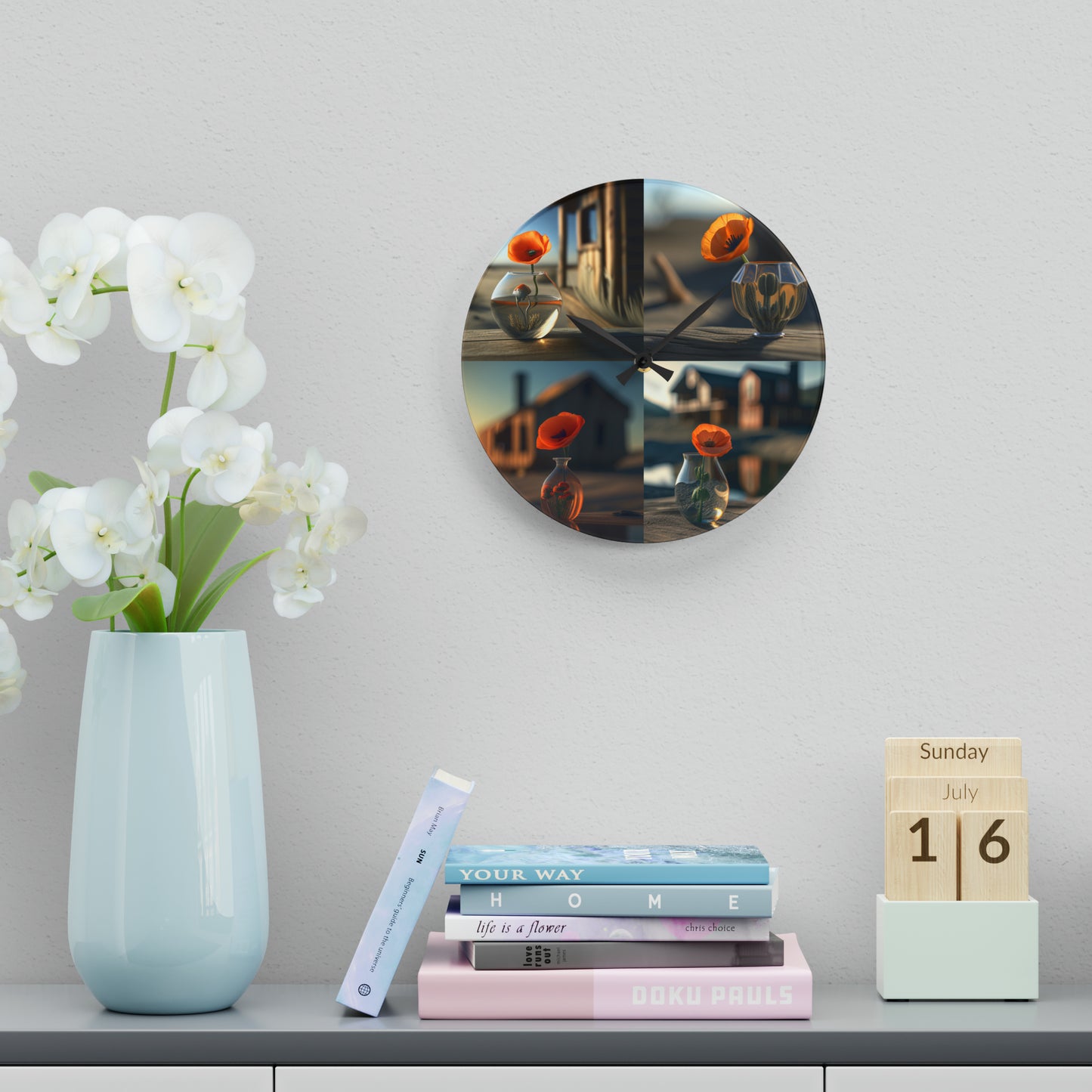 Acrylic Wall Clock Orange Poppy in a Vase 5