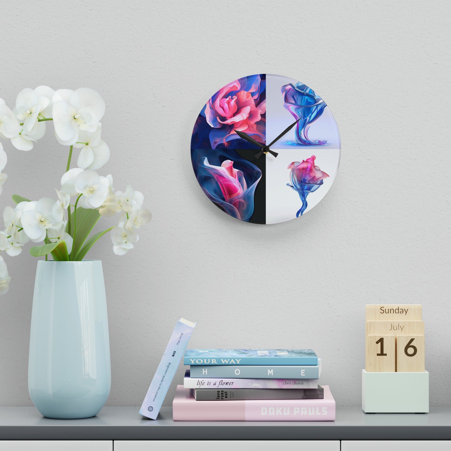 Acrylic Wall Clock Pink & Blue Tulip Rose 5