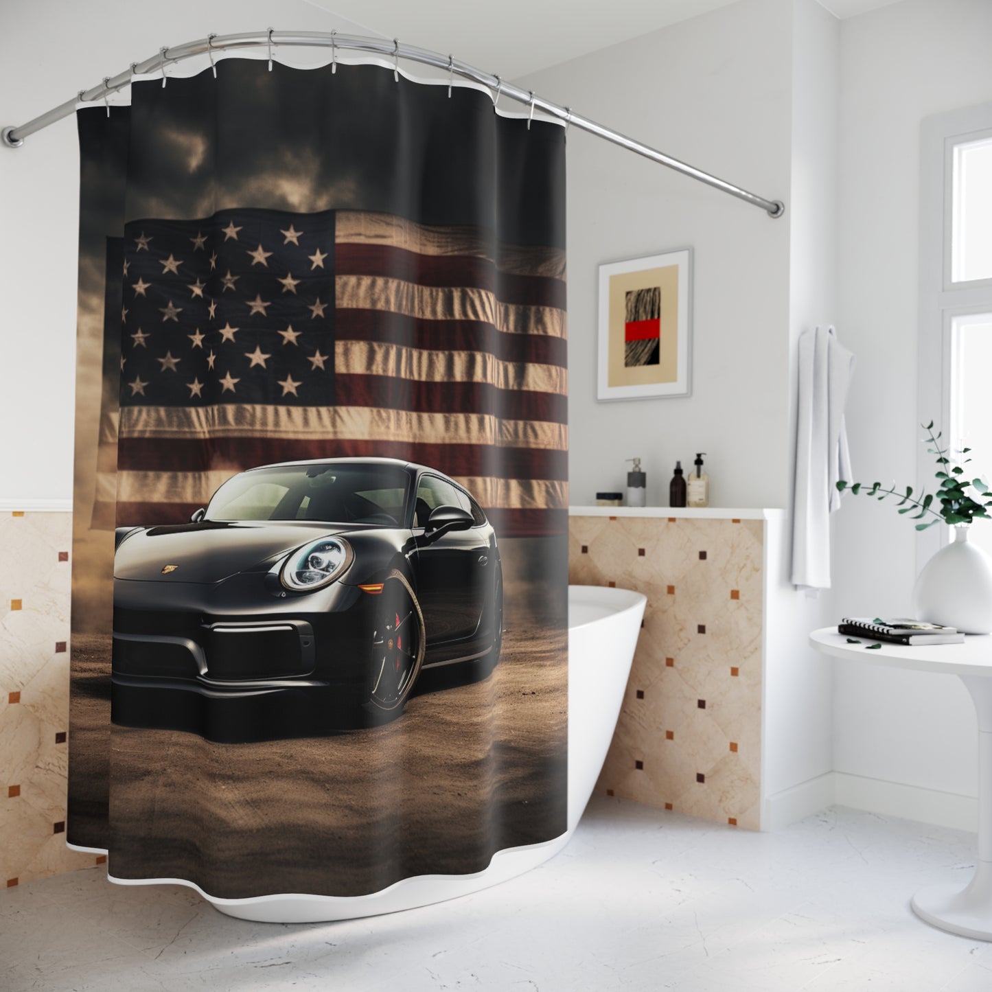 Polyester Shower Curtain American Flag Background Porsche 4