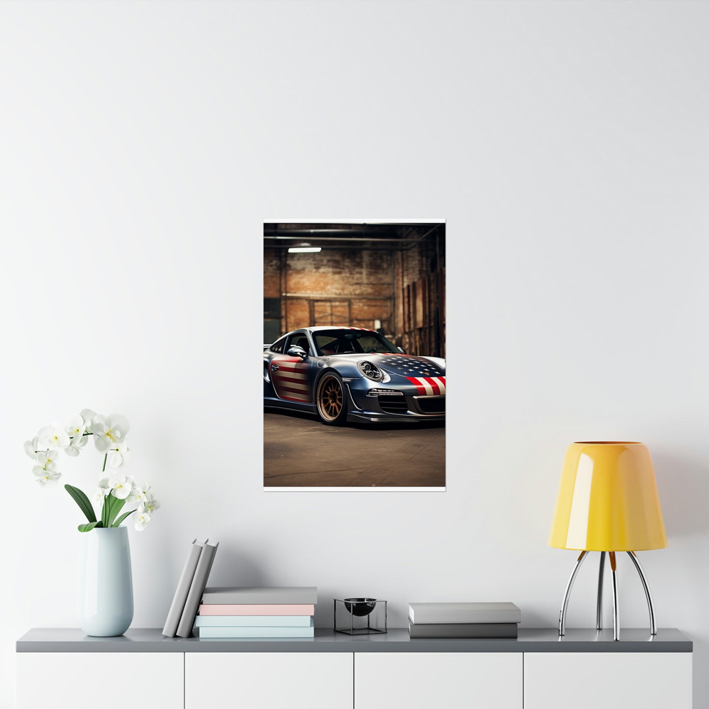 Premium Matte Vertical Posters American Flag Porsche 1