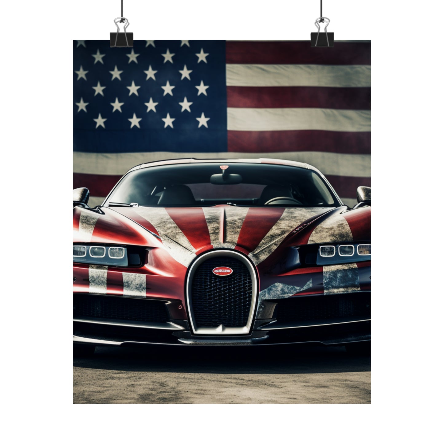 Premium Matte Vertical Posters American Flag Background Bugatti 3