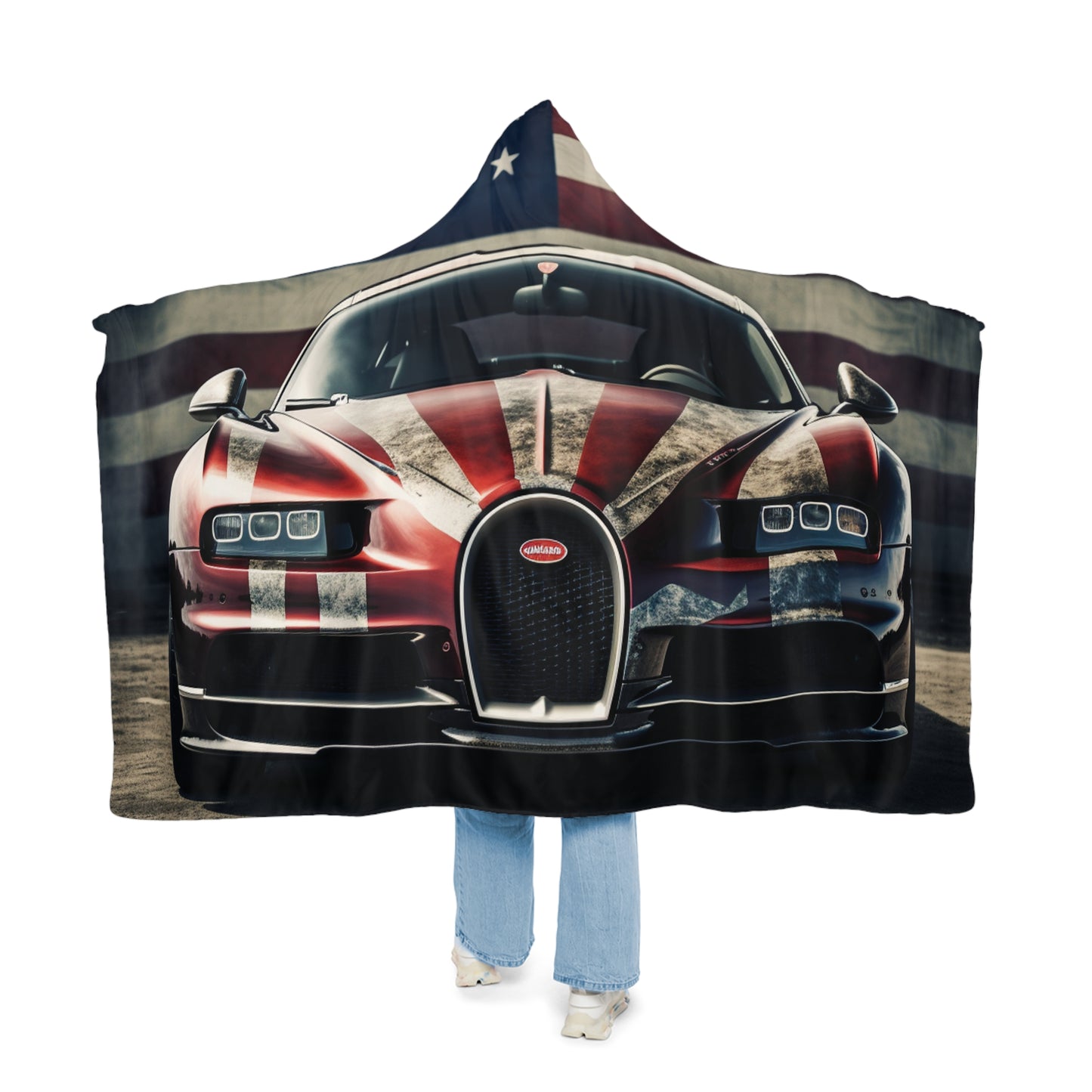 Snuggle Hooded Blanket American Flag Background Bugatti 3